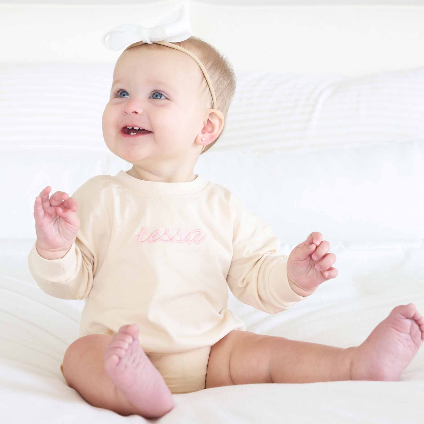 Embroidered Script Name Long Sleeve Bubble Romper | Natural