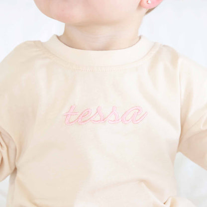 Embroidered Script Name Long Sleeve Bubble Romper | Natural
