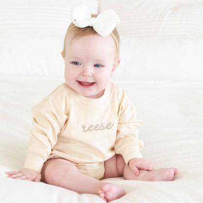 Embroidered Script Name Long Sleeve Bubble Romper | Natural