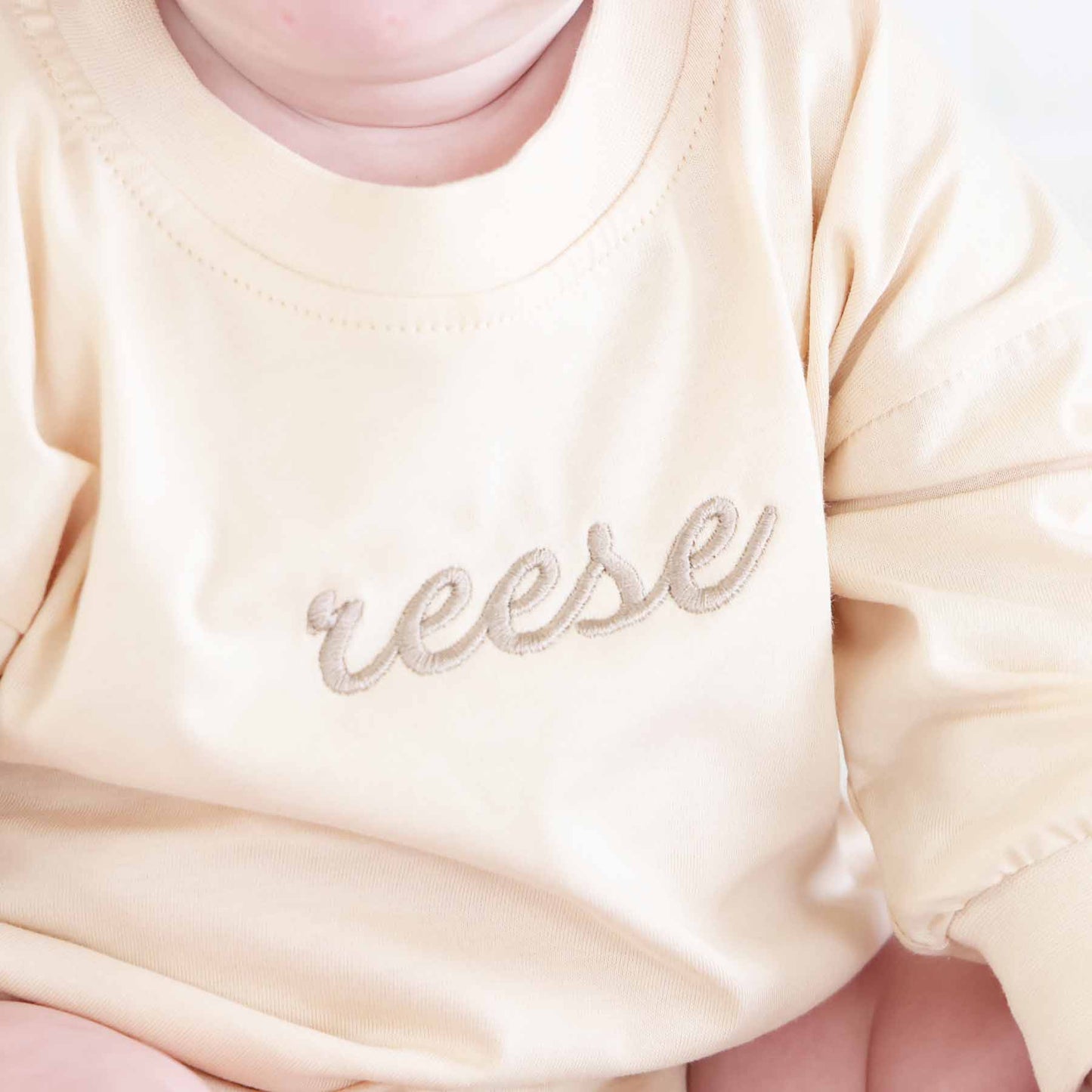 Embroidered Script Name Long Sleeve Bubble Romper | Natural
