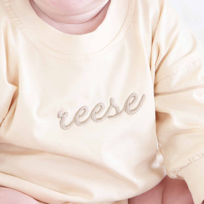 Embroidered Script Name Long Sleeve Bubble Romper | Natural