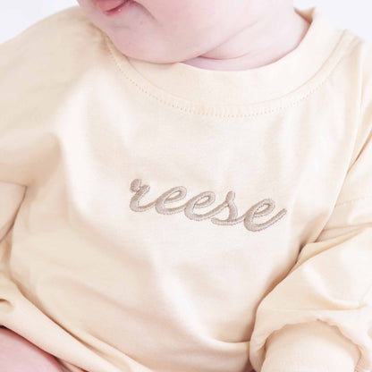 Embroidered Script Name Long Sleeve Bubble Romper | Natural