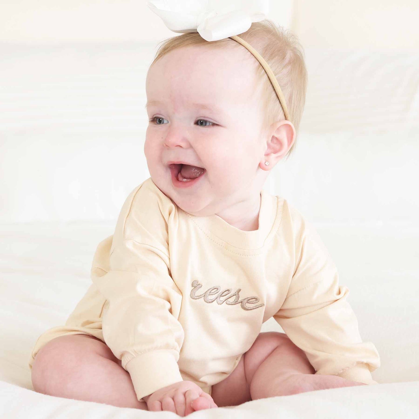 Embroidered Script Name Long Sleeve Bubble Romper | Natural