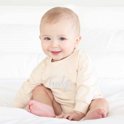 Embroidered Script Name Long Sleeve Bubble Romper | Natural