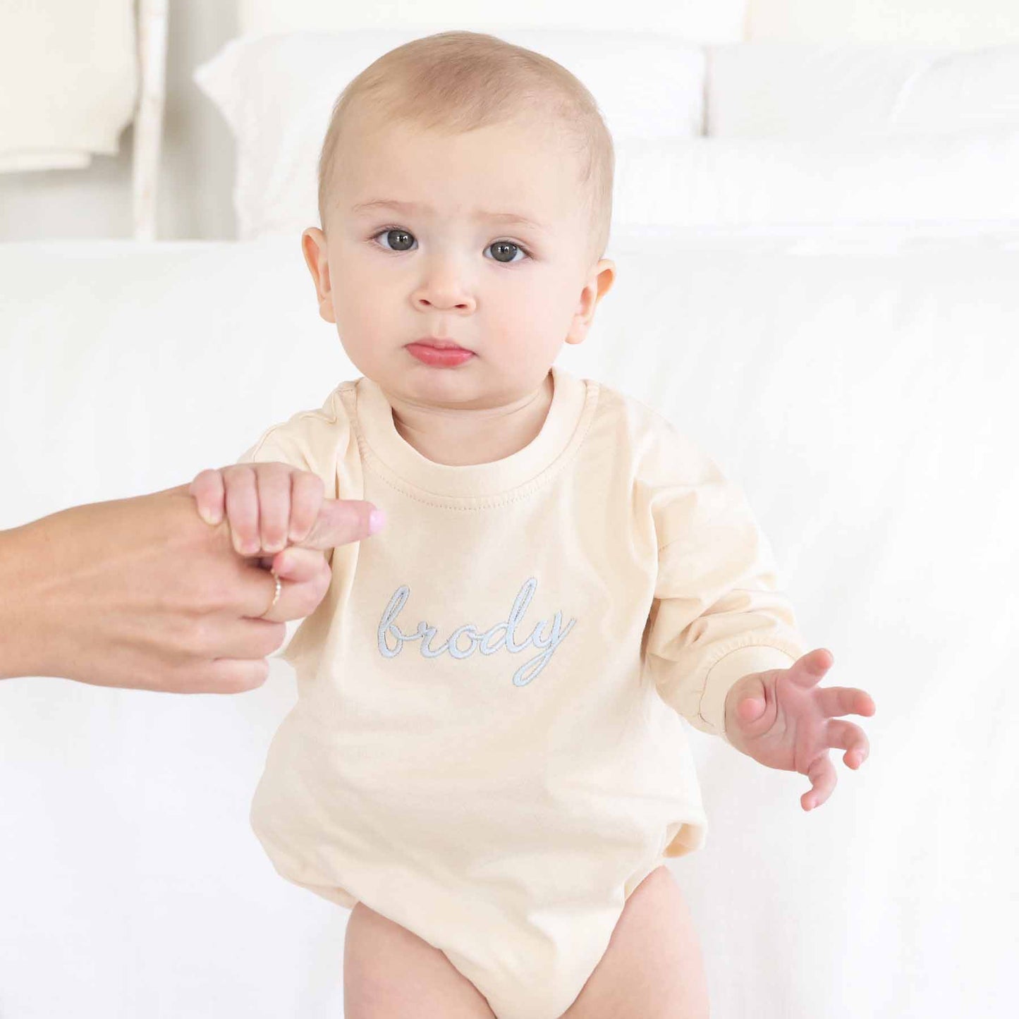 Embroidered Script Name Long Sleeve Bubble Romper | Natural