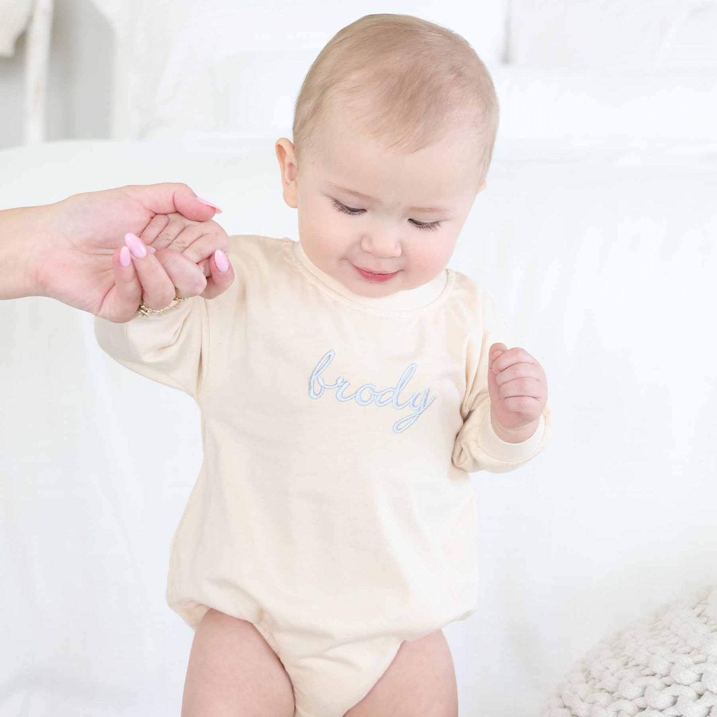 Embroidered Script Name Long Sleeve Bubble Romper | Natural
