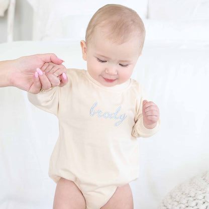 Embroidered Script Name Long Sleeve Bubble Romper | Natural