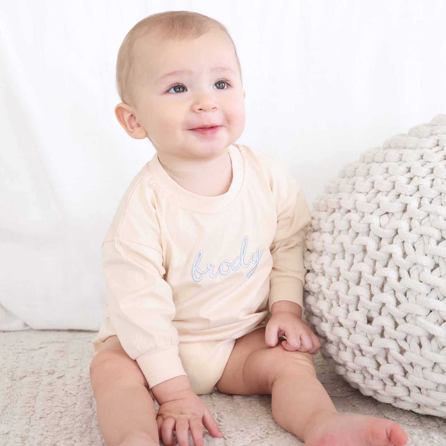 Embroidered Script Name Long Sleeve Bubble Romper | Natural