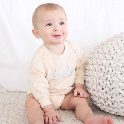 Embroidered Script Name Long Sleeve Bubble Romper | Natural