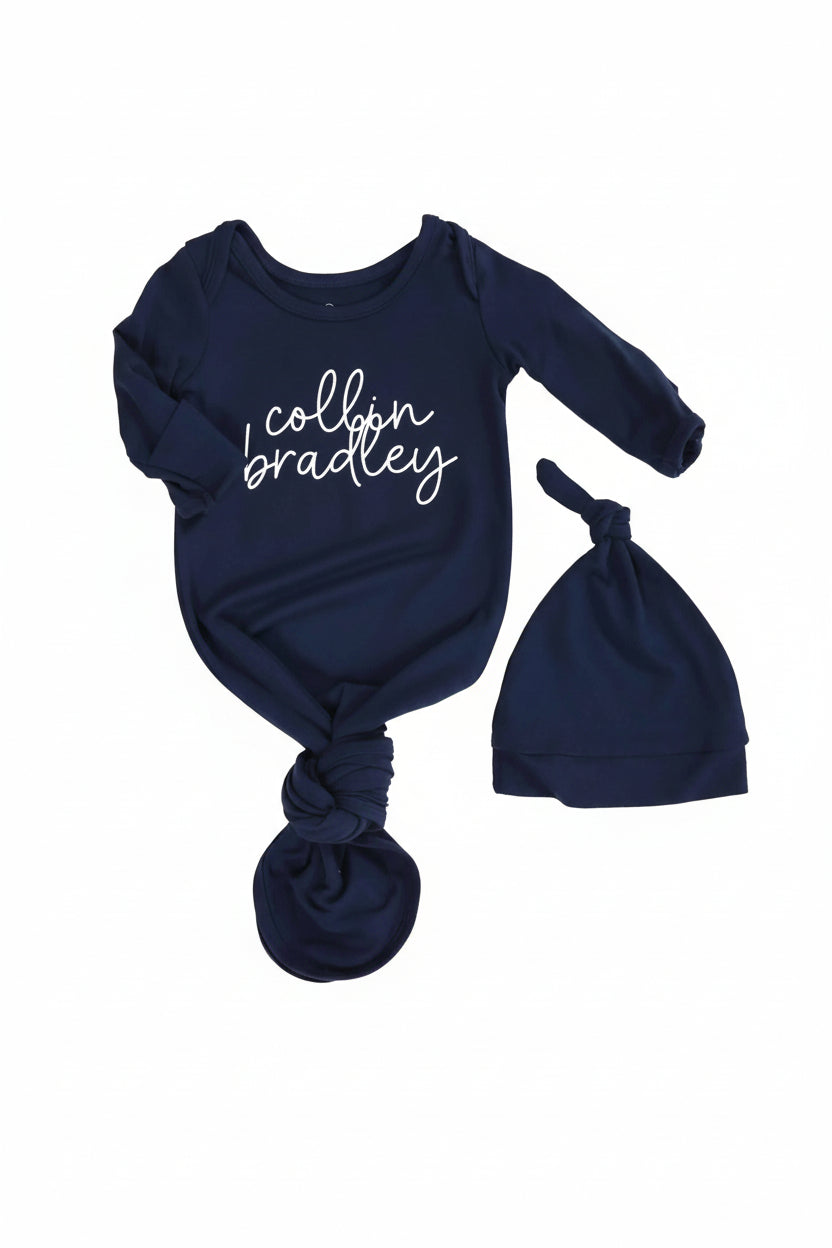 Boy Personalized Bamboo Newborn Baby Knot Gown & Hat