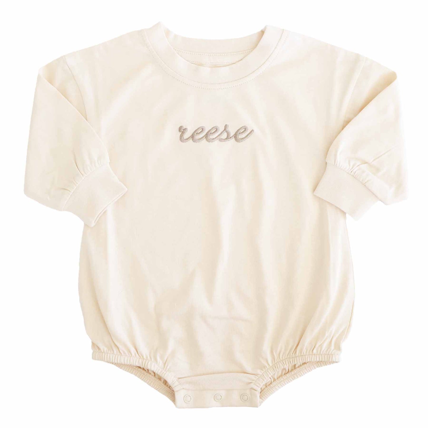 Embroidered Script Name Long Sleeve Bubble Romper | Natural