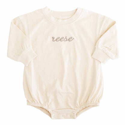 Embroidered Script Name Long Sleeve Bubble Romper | Natural