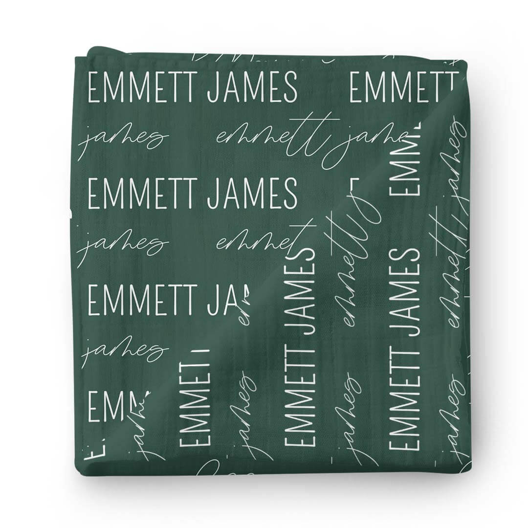 Personalized Forest Green Baby Name Swaddle Blanket - Block & Script