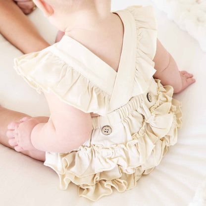 Embroidered Cross Back Ruffle Bubble Romper