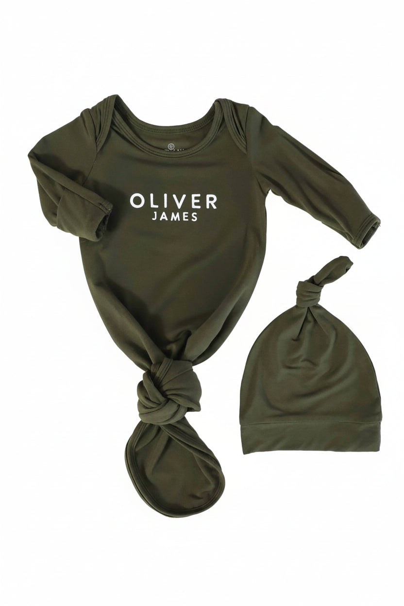Boy Personalized Bamboo Newborn Baby Knot Gown & Hat
