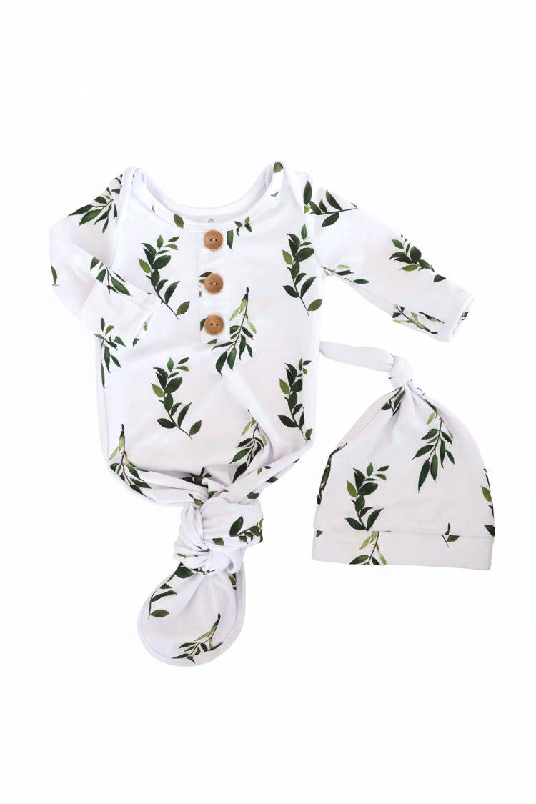 Olive Leaf Newborn Baby Knot Gown & Hat Set