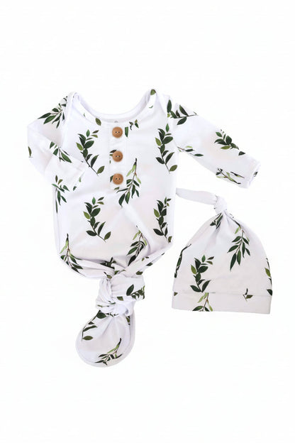 Olive Leaf Newborn Baby Knot Gown & Hat Set