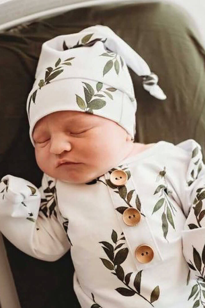 Olive Leaf Newborn Baby Knot Gown & Hat Set