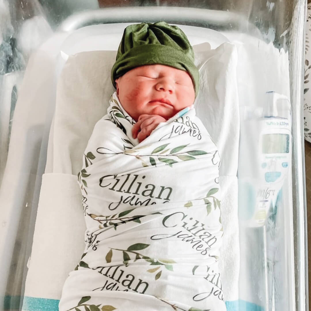 Olive Leaf Personalized Baby Name Swaddle Blanket
