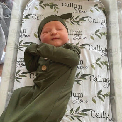 Olive Leaf Personalized Baby Name Swaddle Blanket