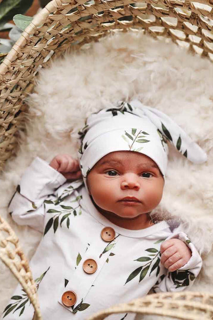 Olive Leaf Newborn Baby Knot Gown & Hat Set