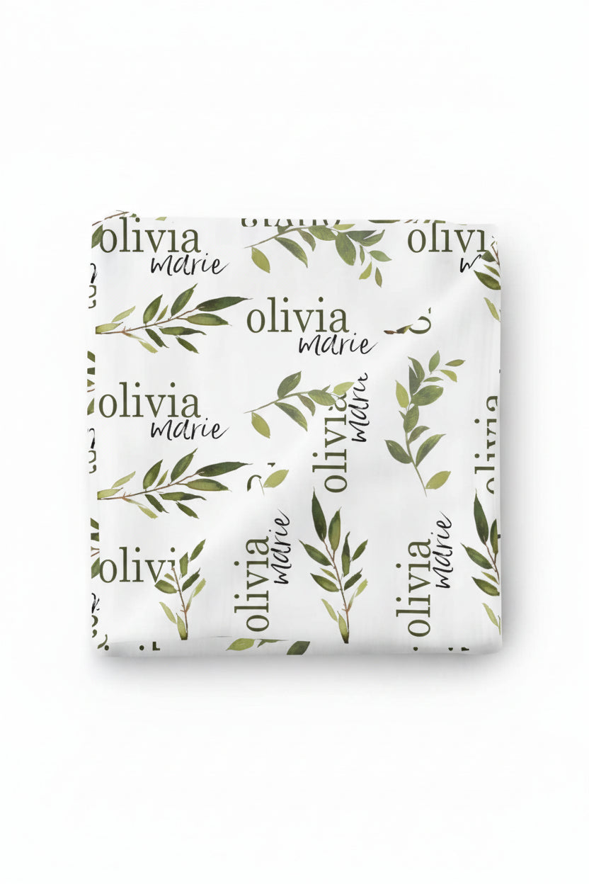 Olive Leaf Personalized Baby Name Swaddle Blanket
