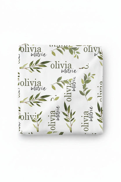 Olive Leaf Personalized Baby Name Swaddle Blanket