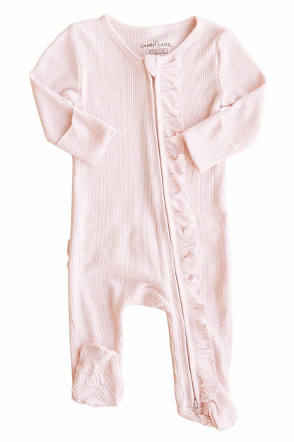 Pearl Pink Bamboo Waffle Ruffle Zipper Footie