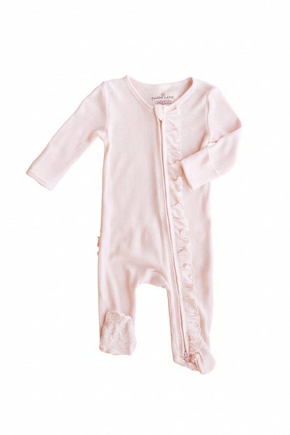 Pearl Pink Bamboo Waffle Ruffle Zipper Footie