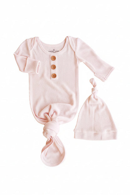 Pearl Pink Bamboo Waffle Newborn Baby Knot Gown & Hat Set
