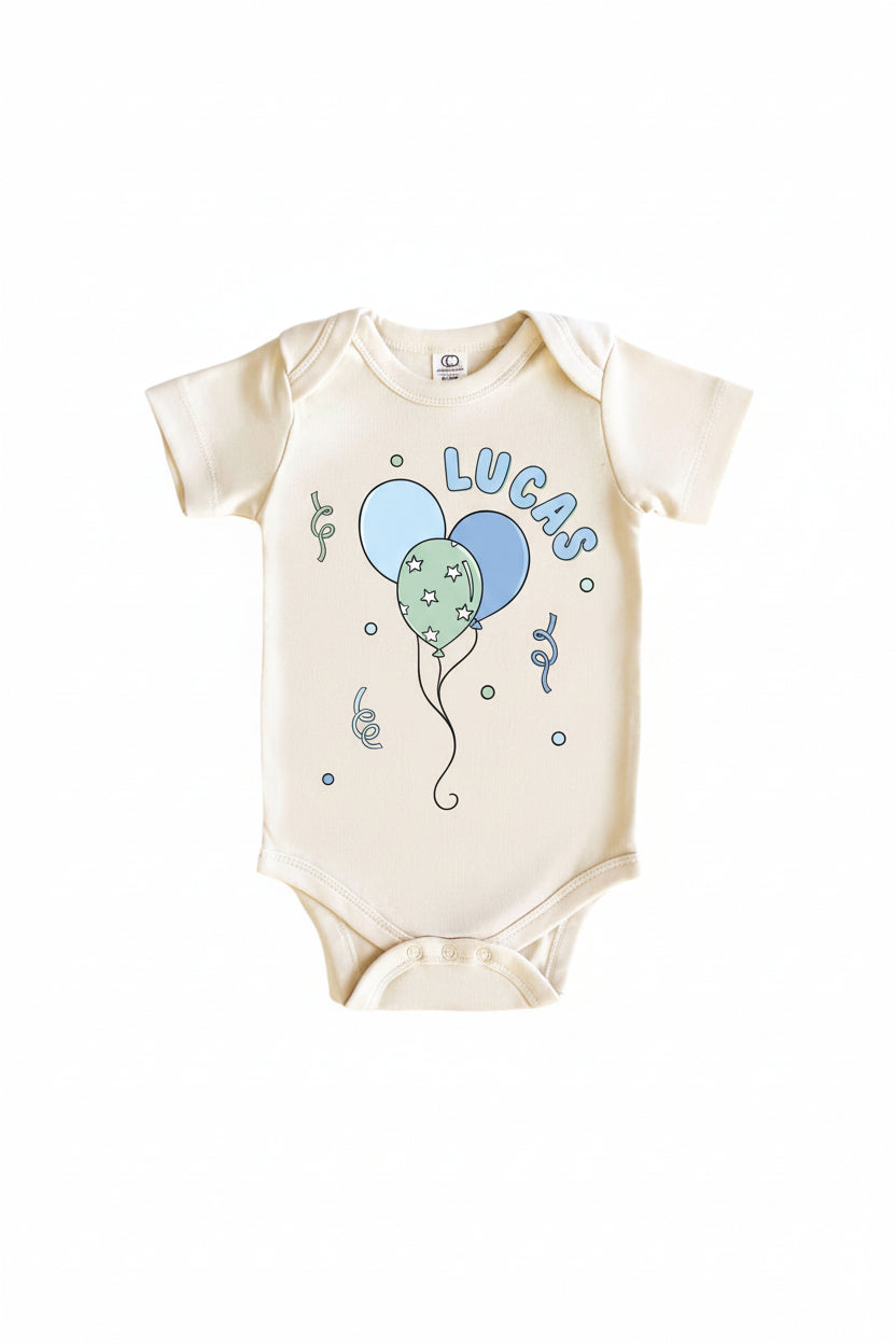 Personalized Blue Party Time Graphic Bodysuit & Kids Tee | Natural