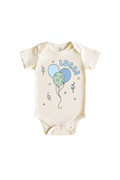 Personalized Blue Party Time Graphic Bodysuit & Kids Tee | Natural
