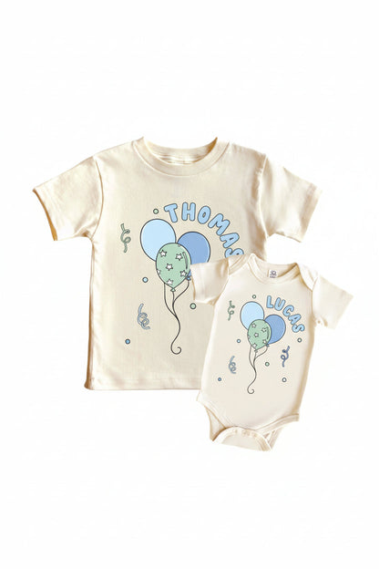 Personalized Blue Party Time Graphic Bodysuit & Kids Tee | Natural