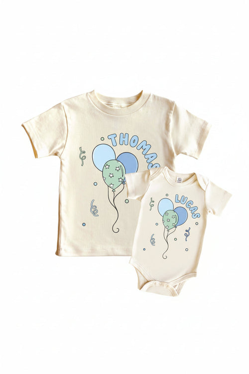 Personalized Blue Party Time Graphic Bodysuit & Kids Tee | Natural
