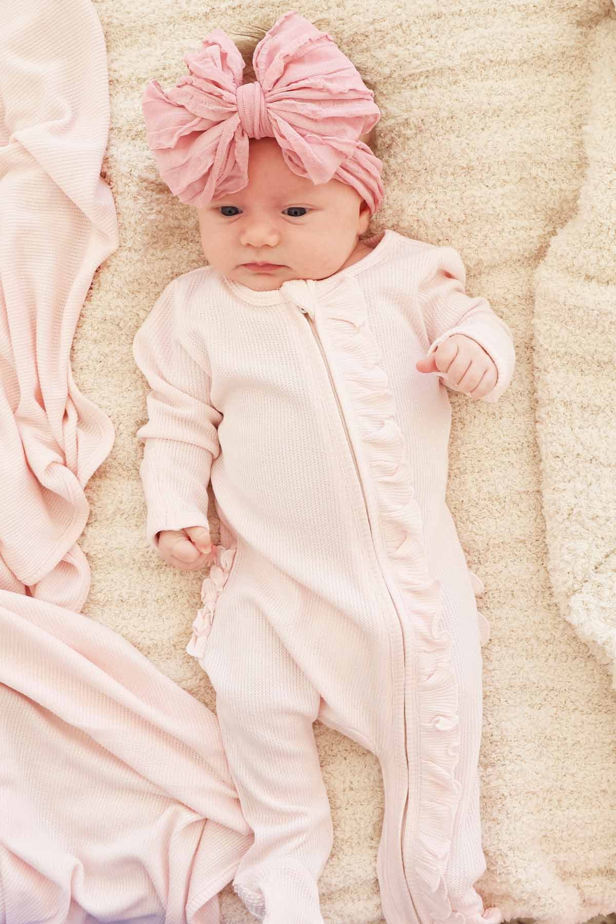 Pearl Pink Bamboo Waffle Ruffle Zipper Footie