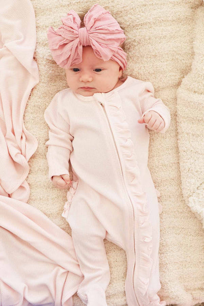 Pearl Pink Bamboo Waffle Ruffle Zipper Footie