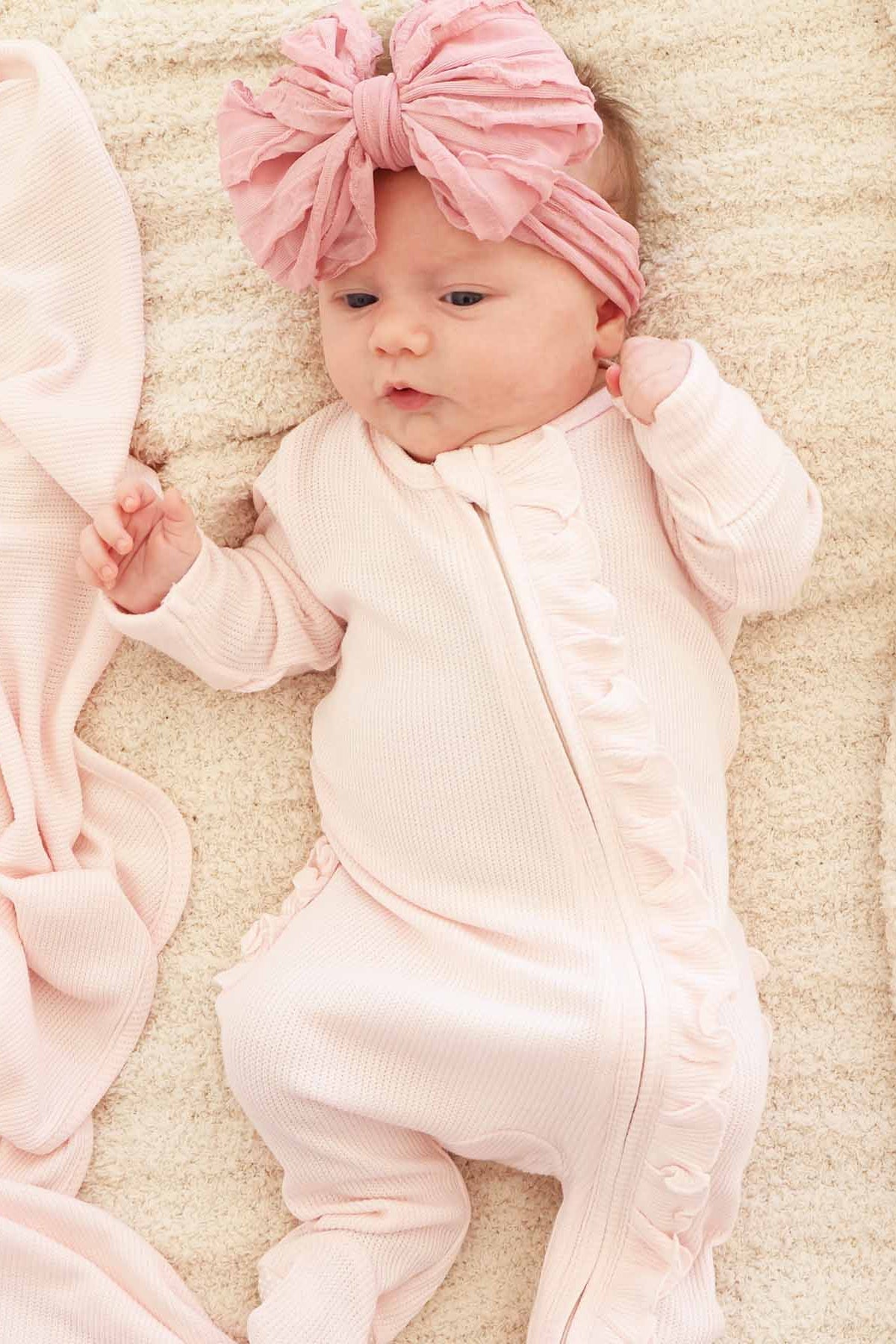 Pearl Pink Bamboo Waffle Ruffle Zipper Footie