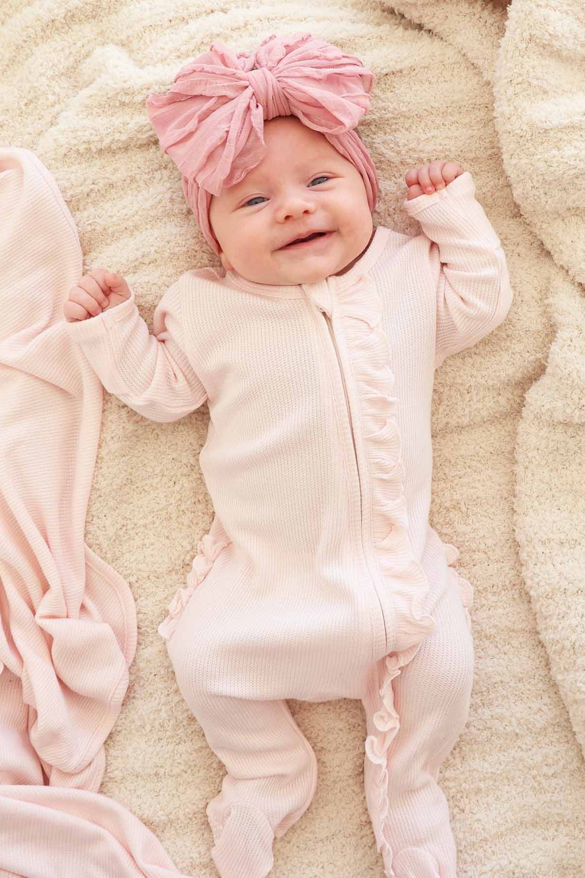 Pearl Pink Bamboo Waffle Ruffle Zipper Footie