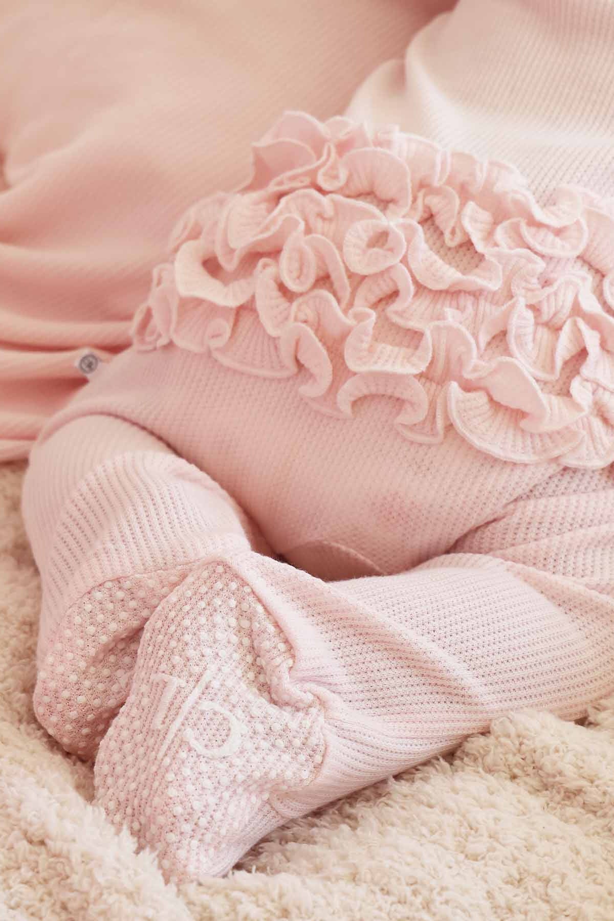 Pearl Pink Bamboo Waffle Ruffle Zipper Footie