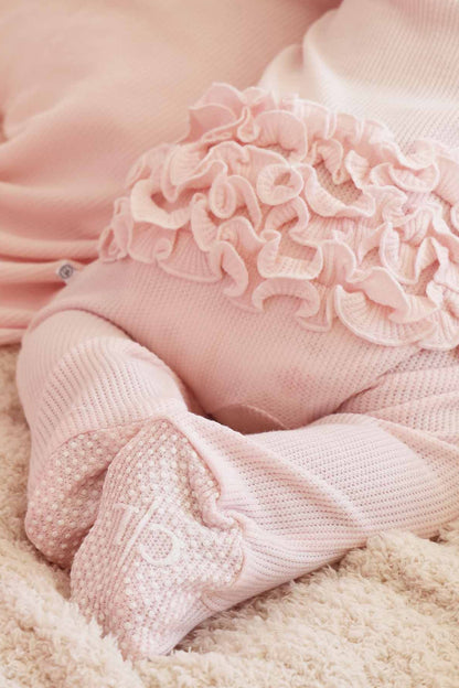 Pearl Pink Bamboo Waffle Ruffle Zipper Footie