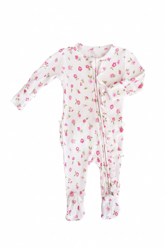 Penny's Posies Bamboo Waffle Ruffle Zipper Footie