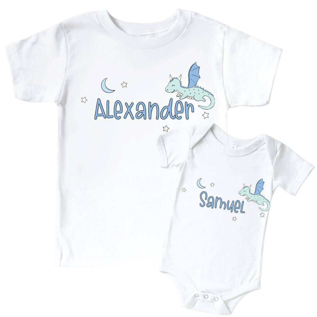 Personalized Dragon Adventure Blue Graphic Bodysuit & Kids Tee | White