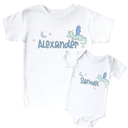 Personalized Dragon Adventure Blue Graphic Bodysuit & Kids Tee | White