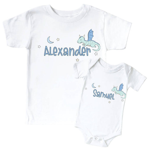 Personalized Dragon Adventure Blue Graphic Bodysuit & Kids Tee | White