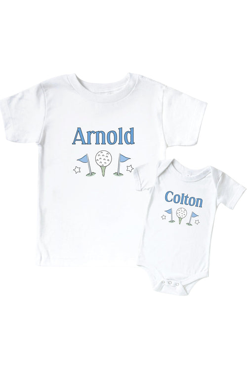 Personalized Caddie Crew Blue Graphic Bodysuit & Kids Tee | White