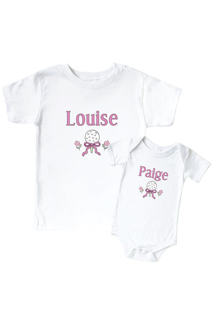 Personalized Caddie Crew Pink Graphic Bodysuit & Kids Tee | White