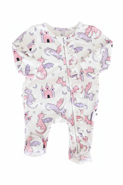 Dragon Adventure Ruffle Zipper Footie | Pink