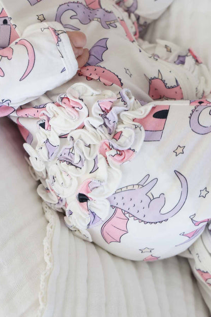 Dragon Adventure Ruffle Zipper Footie | Pink