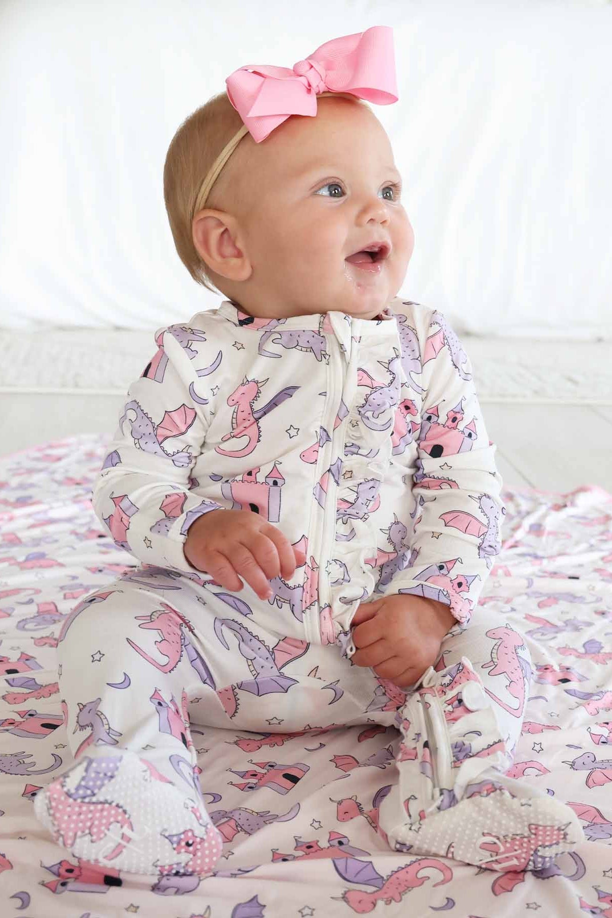 Dragon Adventure Ruffle Zipper Footie | Pink