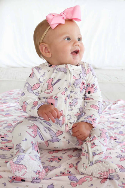 Dragon Adventure Ruffle Zipper Footie | Pink